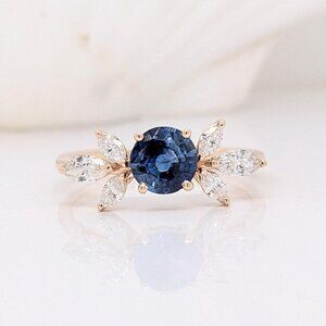 Ceylon Blue Sapphire & Marquise Diamond Ring in Solid 14K Yellow Gold